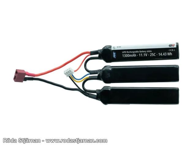 ASG 11.1V Li-Po 1300 mAh 25C 3-sticks airsoftbatteri deankontakt batterier og kontakter