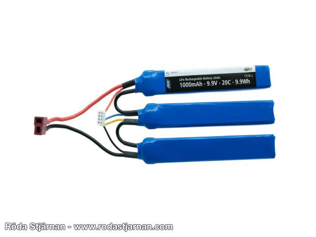 ASG 9.9V Li-Fe 1000 mAh 20C 3-stavs airsoftbatteri deanskontakt batterier og kontakter