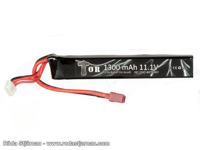 TOR LiPo 11.1V 1300 mAh 20/40C stick med deankontakt batterier och kontakter
