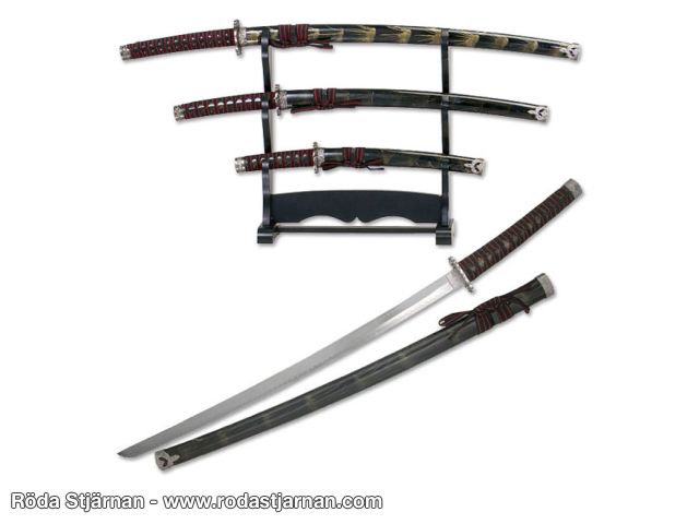 BladesUSA Katana-sett – 3 deler med stativ og gulledekor sverd