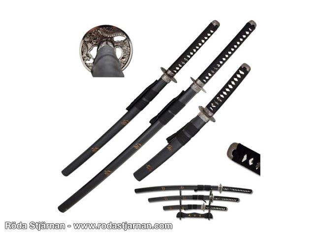 Snake Eye Katana-sett 3-deler – Dragemotiv & svartlakkerte slirer sverd