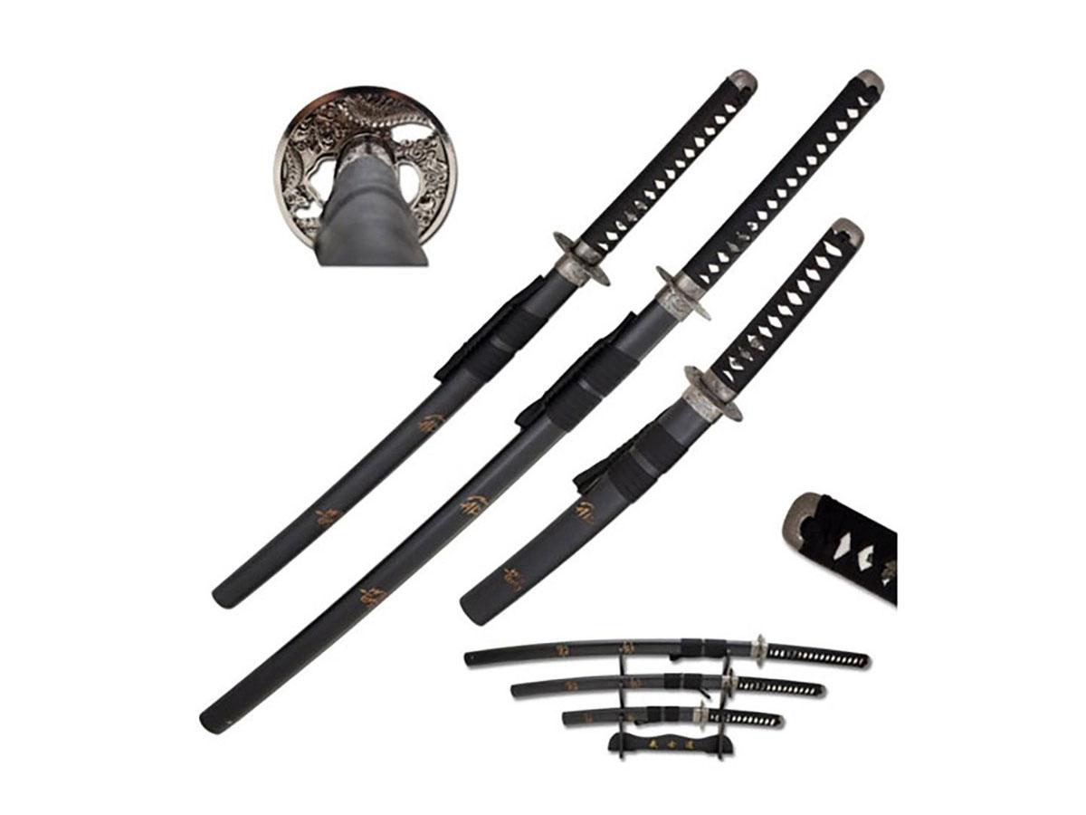 Product Image for Snake Eye Katana-sett 3-deler – Dragemotiv & svartlakkerte slirer