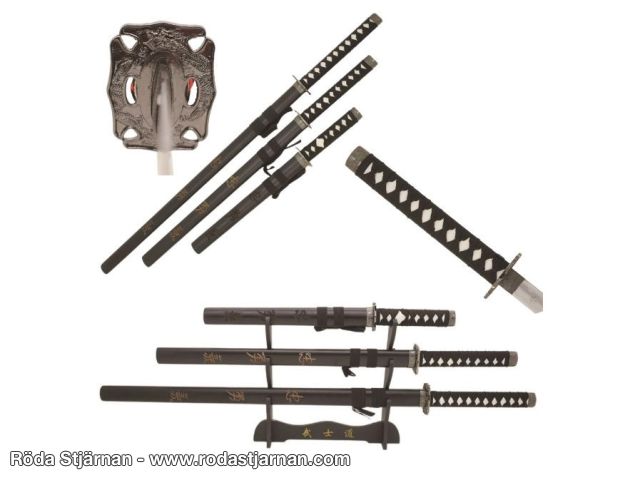 Snake Eye Katana-sett – 3 deler med drakeslirer og displaystativ sverd