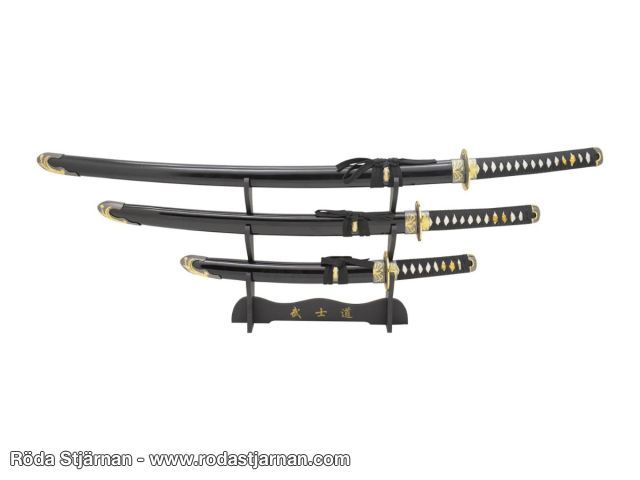 Snake Eye Katana-sett 3-deler – Svart & gull med sverdstativ sverd