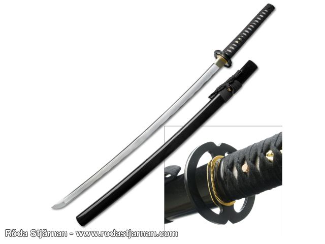Ten Ryu håndsmidd Katana – Musashi tsuba & svartlakkert saya sverd