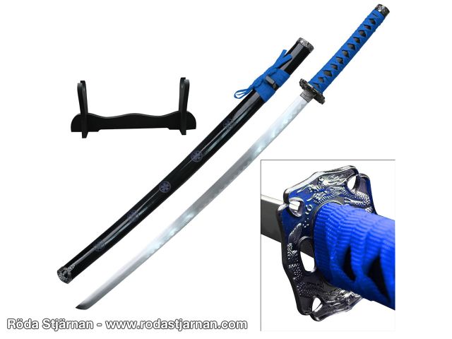 Katana med blå lindning och displayställ svärd