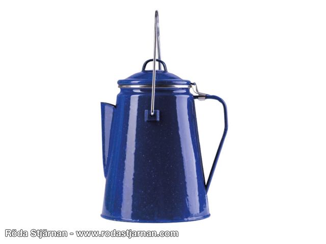 Perkulator för kaffe i blå emalj kokkärl och kaffepannor