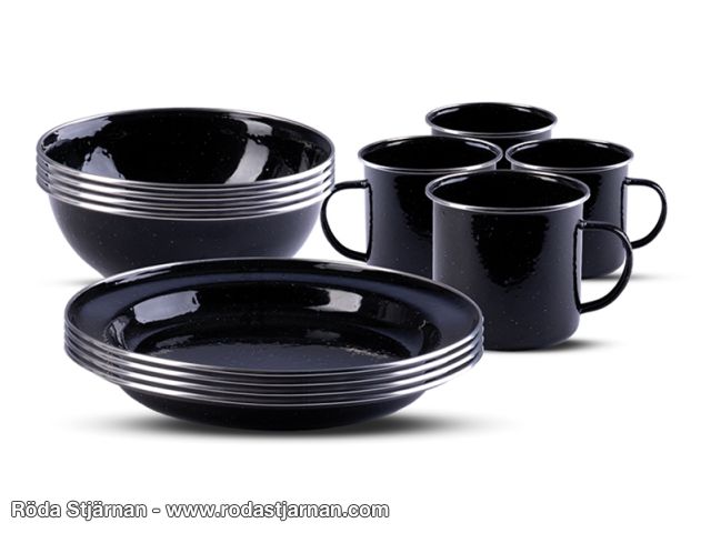 Enamel tableware set black 12 pieces plates and cutlery